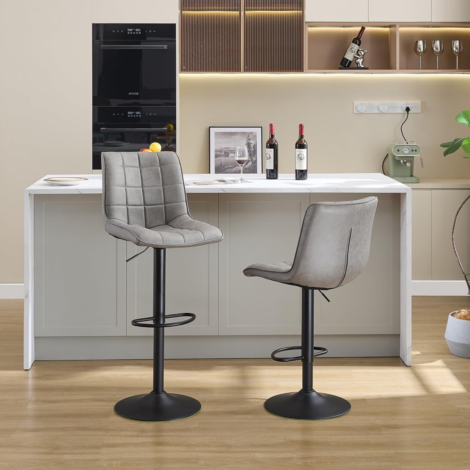 FIRAVOE Bar Stools Set of 2, Swivel Bar Height Bar Stools with Back (Adjustable 24"-33") Faux Leather Barstools Bar Chairs for Kitchen Island, Gray