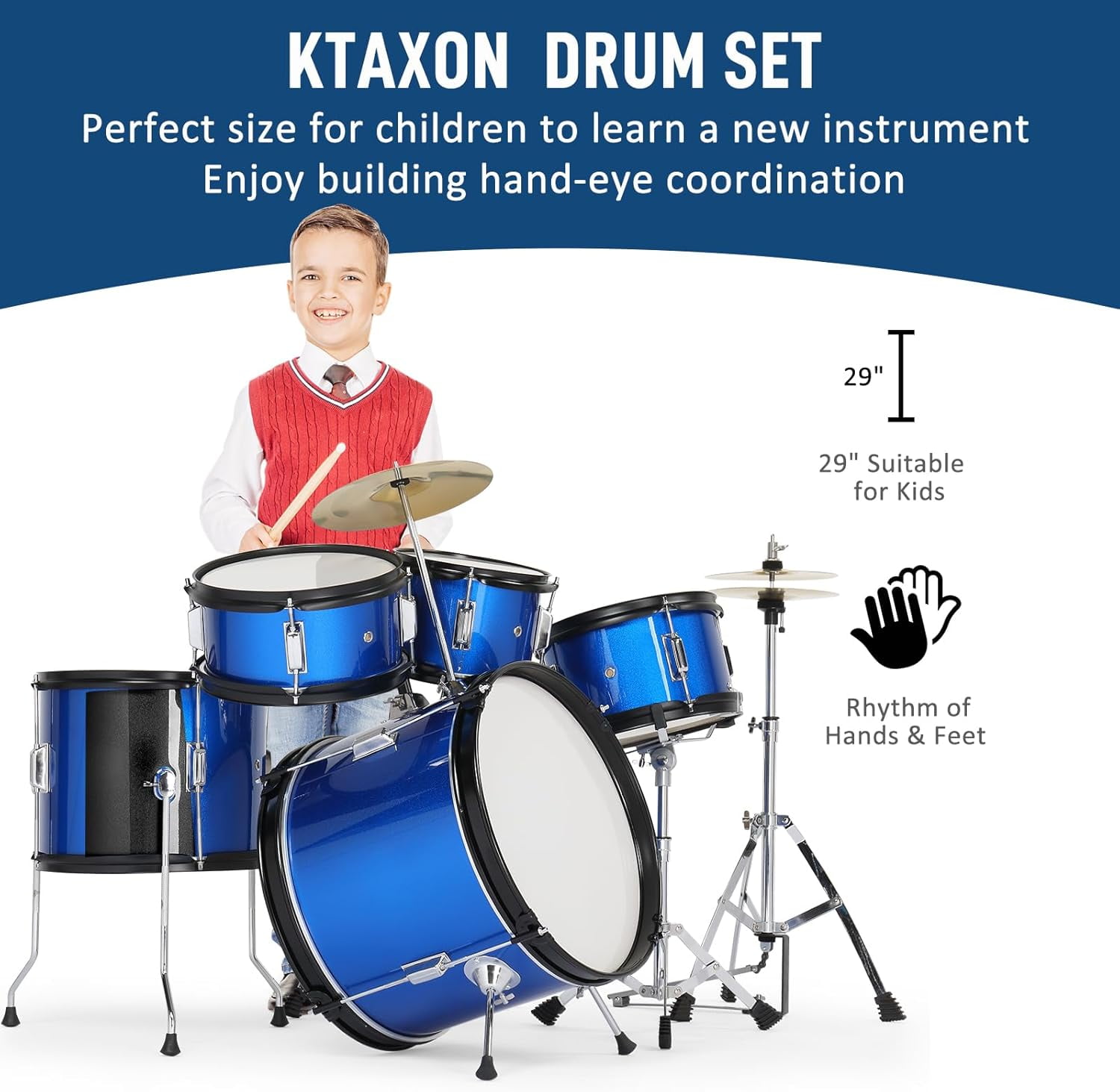 5-Piece Complete Junior Drums Set, 14 Inch Beginners Drum Kit with Throne Stool, Pedal & Drumsticks, Drums Musical Instruments W/Cymbal, Hi-Hat, Floor, Tom and Snare Drum 16"x11" Dark Blue