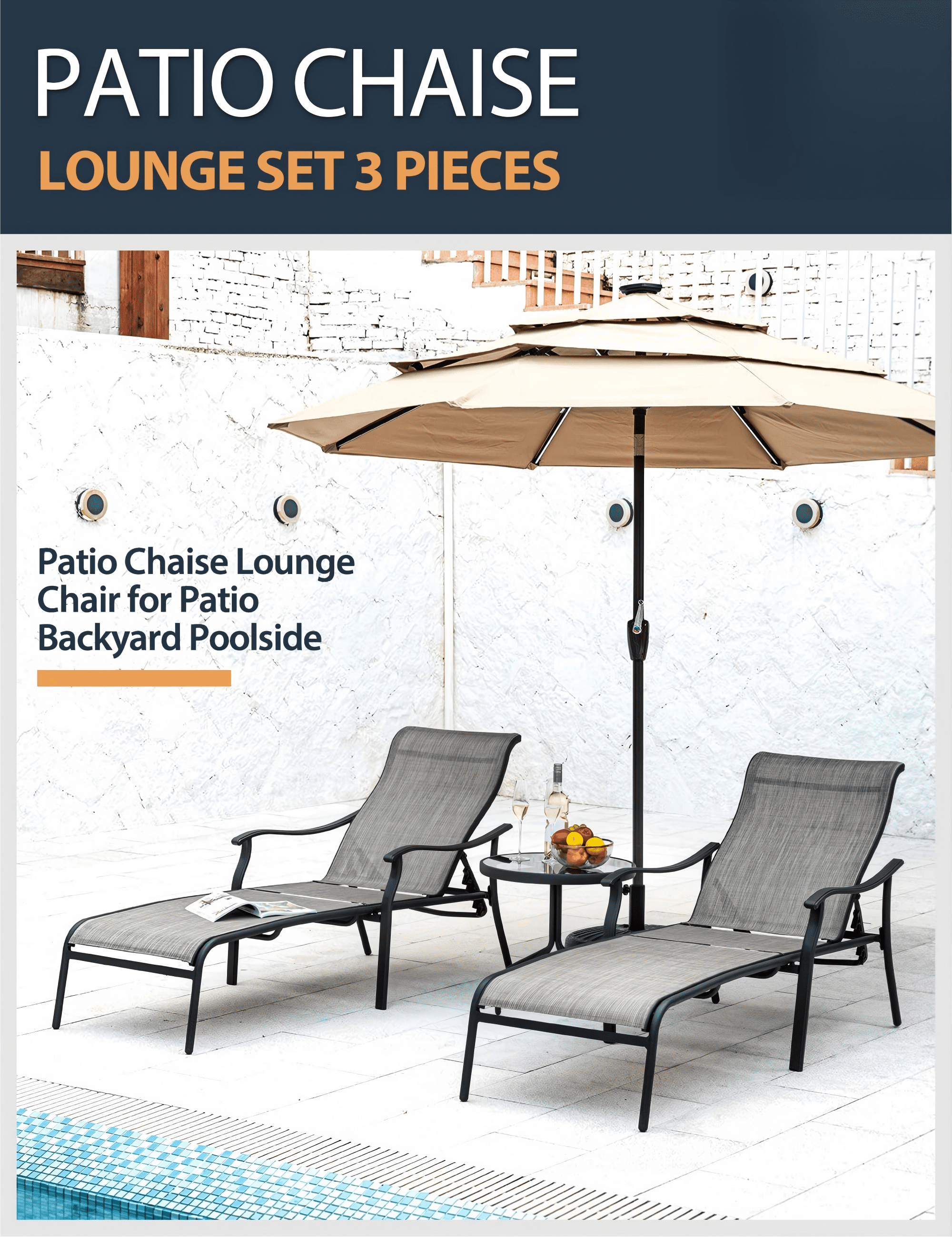 Patio Chaise Lounge Set 3 Piece Outdoor Lounge Chairs with Table Adjustable Pool Lounge Chair Textilene Fabric for Patio Backyard Poolside, Gray