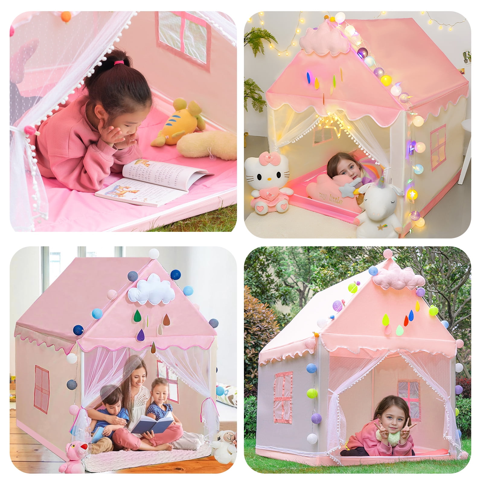 Kids Tent Play Tents for Toddler Large Pink Girls Princess Playhouse Castle with Windows Clouds and Ball Lights for Children Indoor and Outdoor Games 47.2" L x 39.4" W x 51.2" H