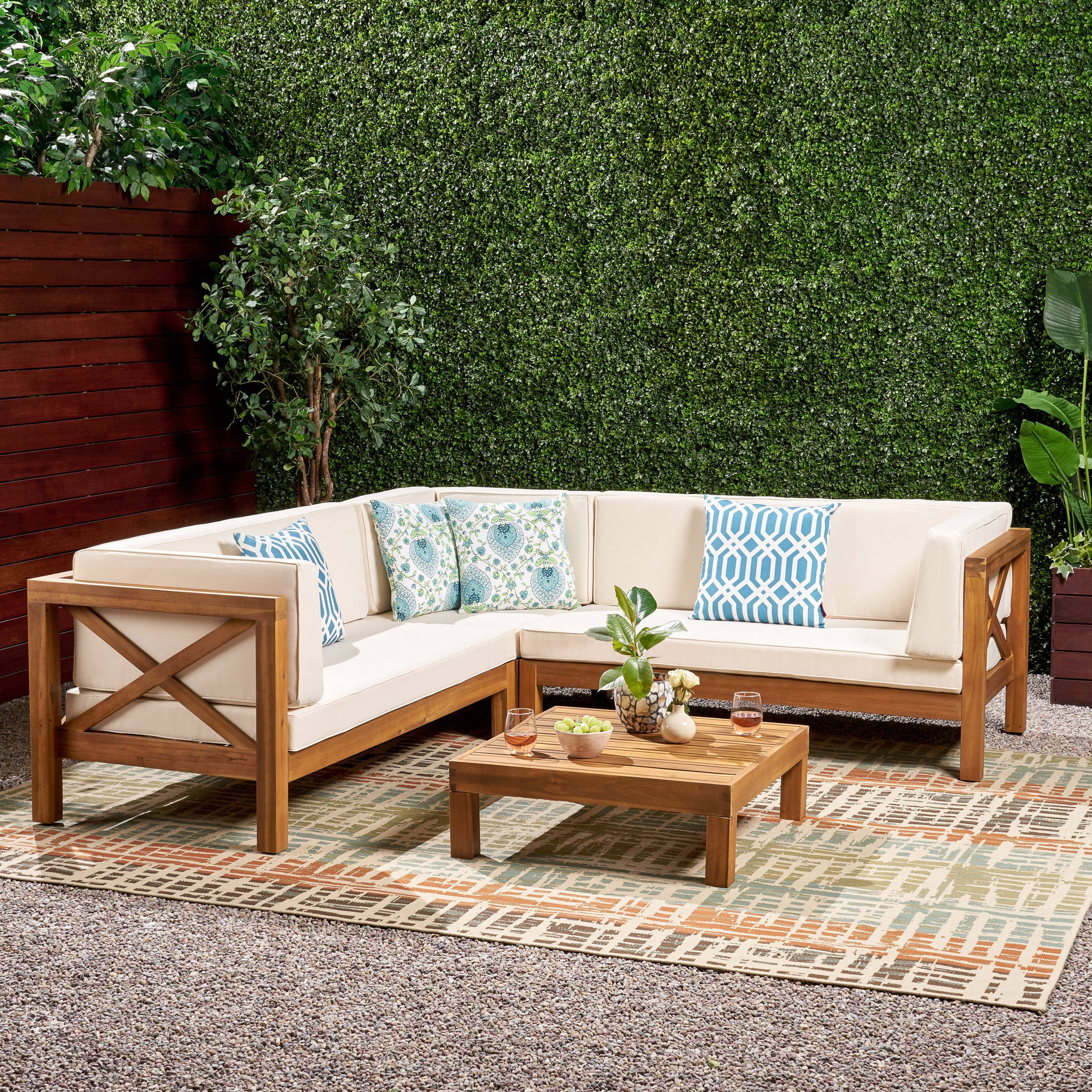Calle 4 Piece Outdoor XBack Wooden Sectional Set, Multiple Colors