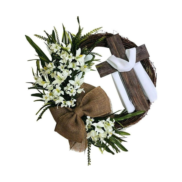 Round Easter Door Wreath with Cross with leaf decor DIY Easter Front wreath Burlap Home Front Door Decor Rustic