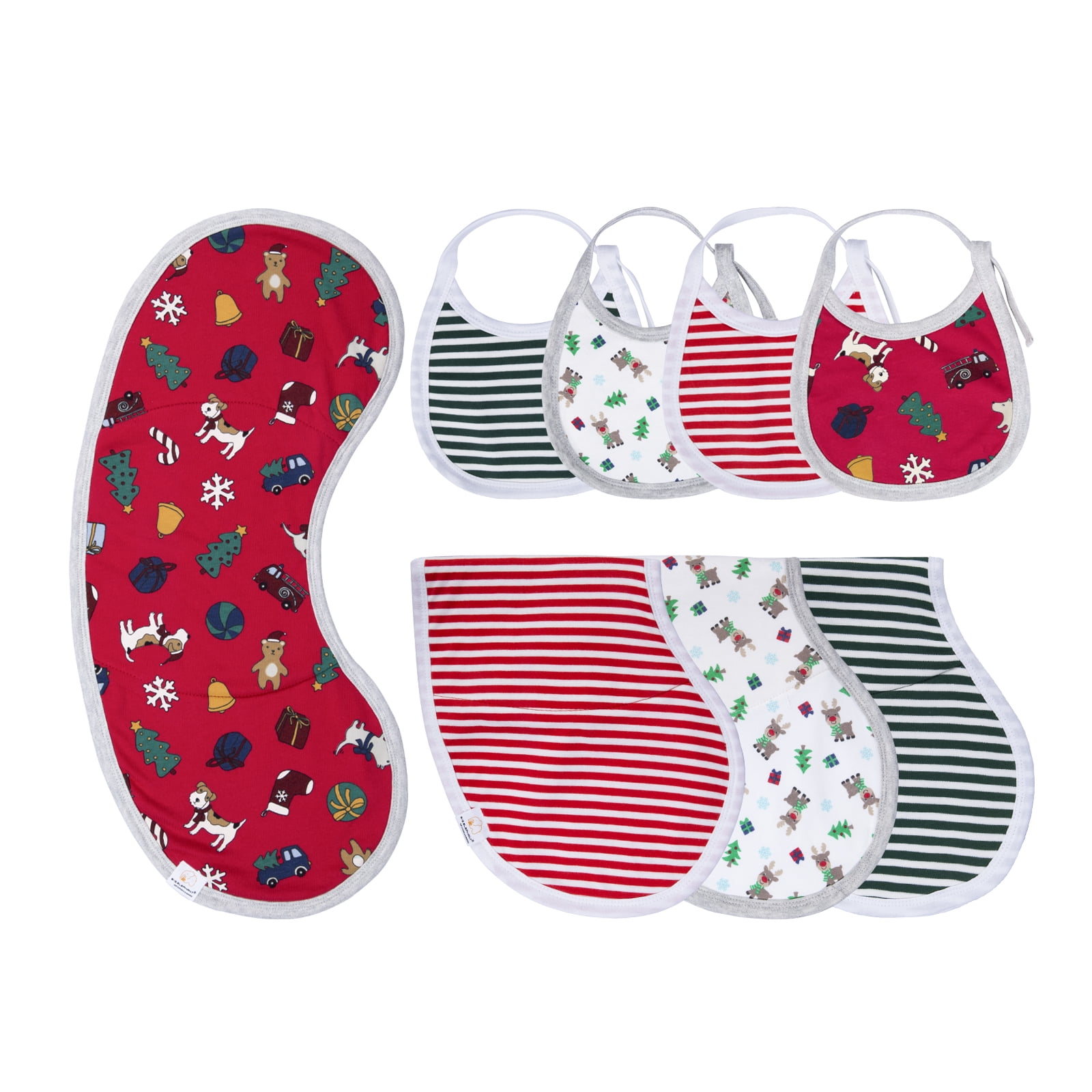 BIG ELEPHANT 4-Pack Baby Bibs and 4-Pack Burp Cloths Christmas ElementsBurp Rags for Baby Boys and Girls