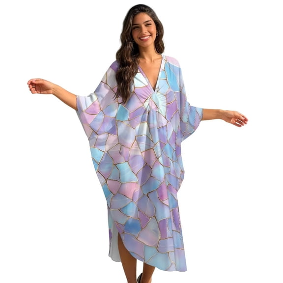 Xixirimido Colored Stained Glass Print Women's Kaftan Dresses Plus Size Beach Cover Up V-Neck Batwing Sleeve Swimsuit Coverup Summer Caftan Dress