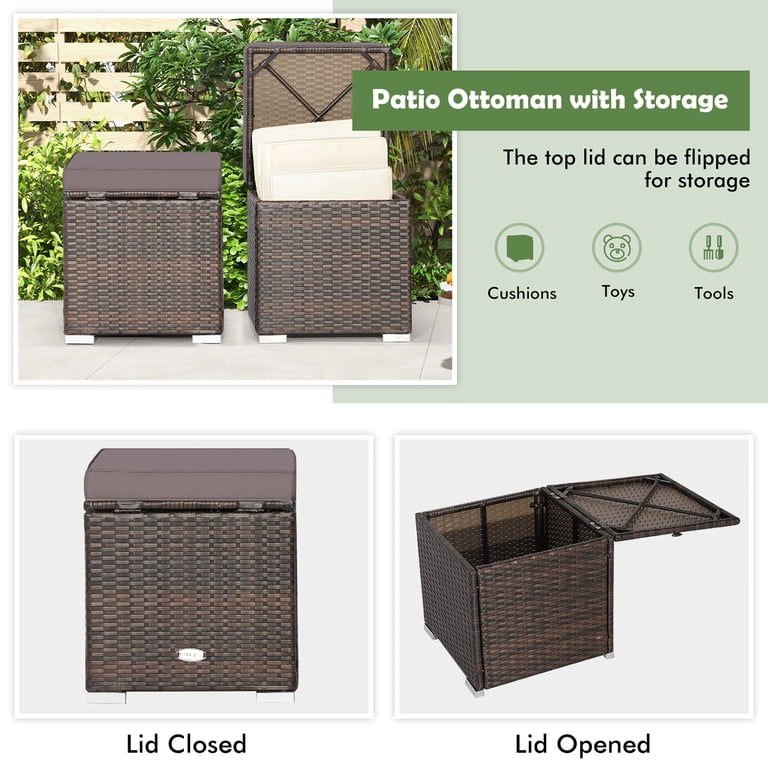 Gymax 2-Piece Outdoor Wicker Ottomans with Storage photo 4
