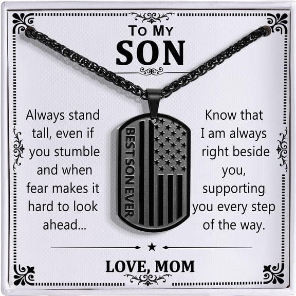 HEYOLL Black Dog Tag Necklaces for Men to My Son Gifts from Mom American Flag Pendant Chain Military Army Birthday Valentines Day Jewelry Gifts Son Teen Teenages Tween Preteen Him Age Ideas