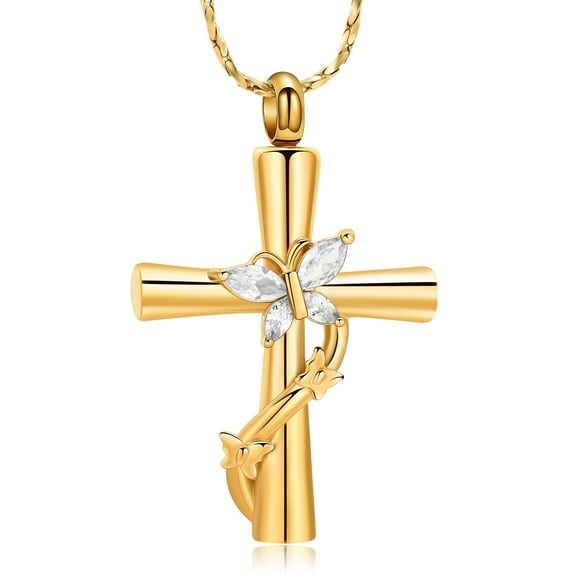 Crystal Butterfly Cross Cremation Jewelry for Ashes - Cross Urn Necklace for Women Men Memorial Urn Locket for Loved One Ashes