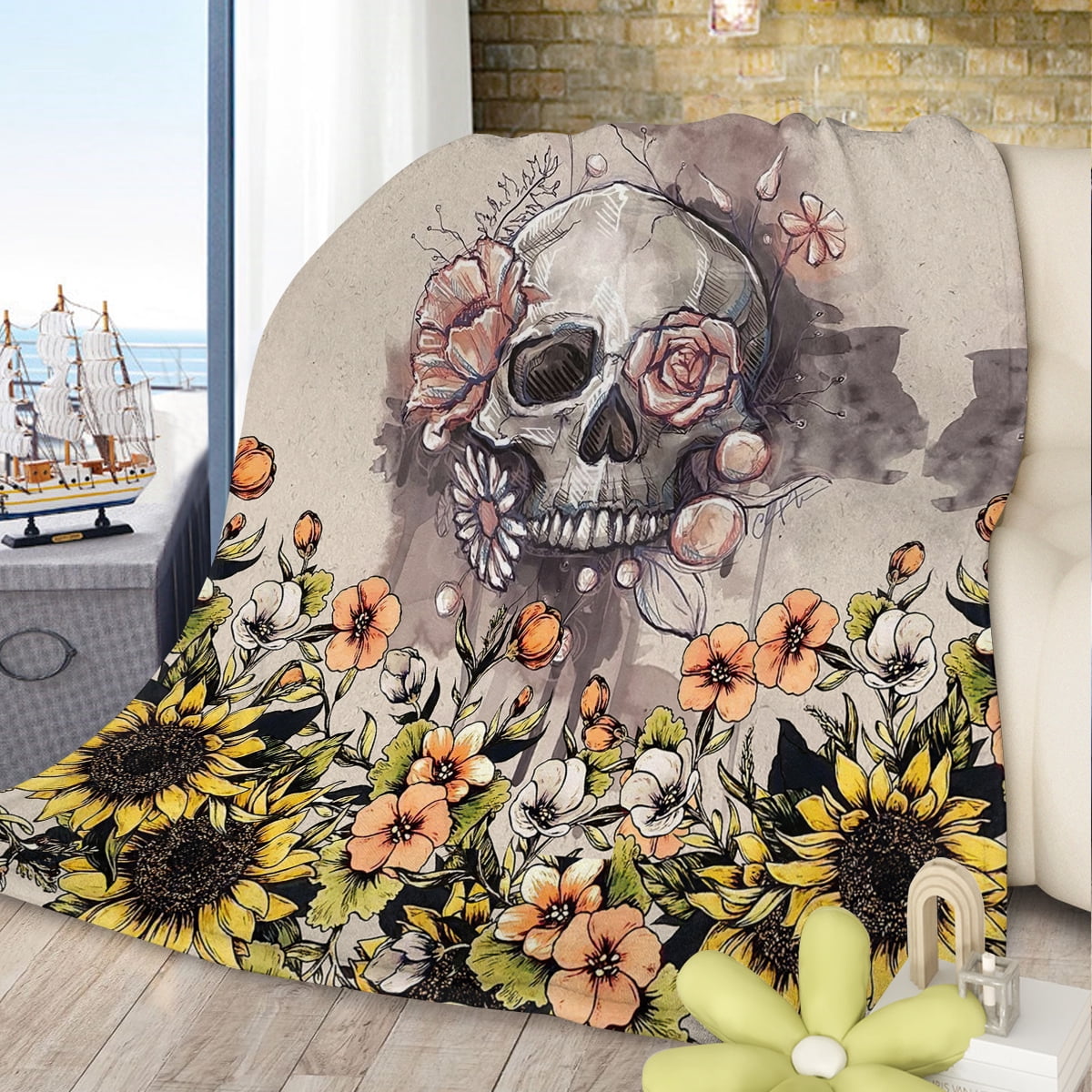 Rustic Skull Sunflower Flannel Fleece Blanket Floral Skull Flannel Soft Plush Throw Blanket Cozy Blankets for Bed Chair Car Sofa Couch Bedroom, 130*150cm