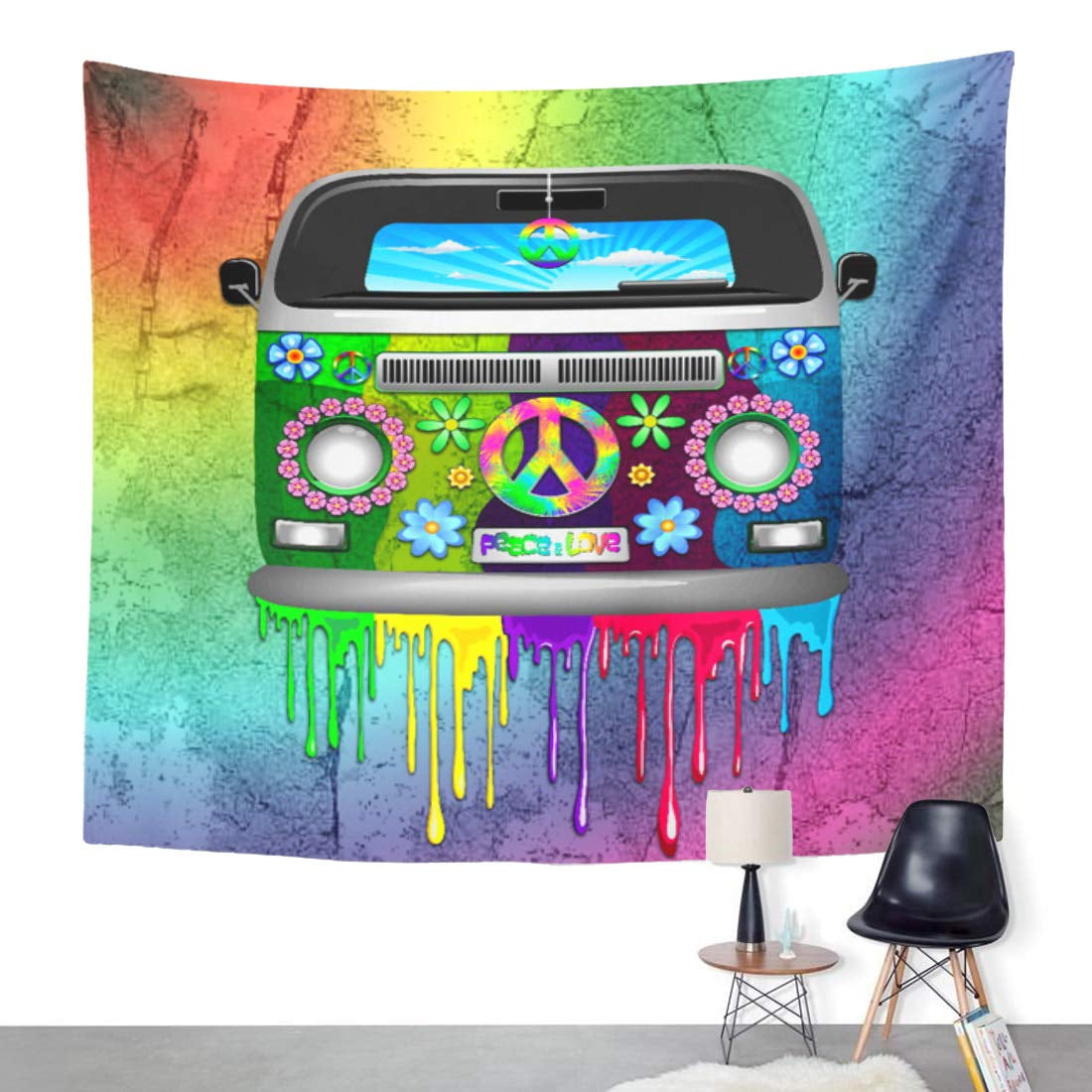 ZEALGNED Hippies Hippie Van Dripping Rainbow Paint Peace Love Make Wall