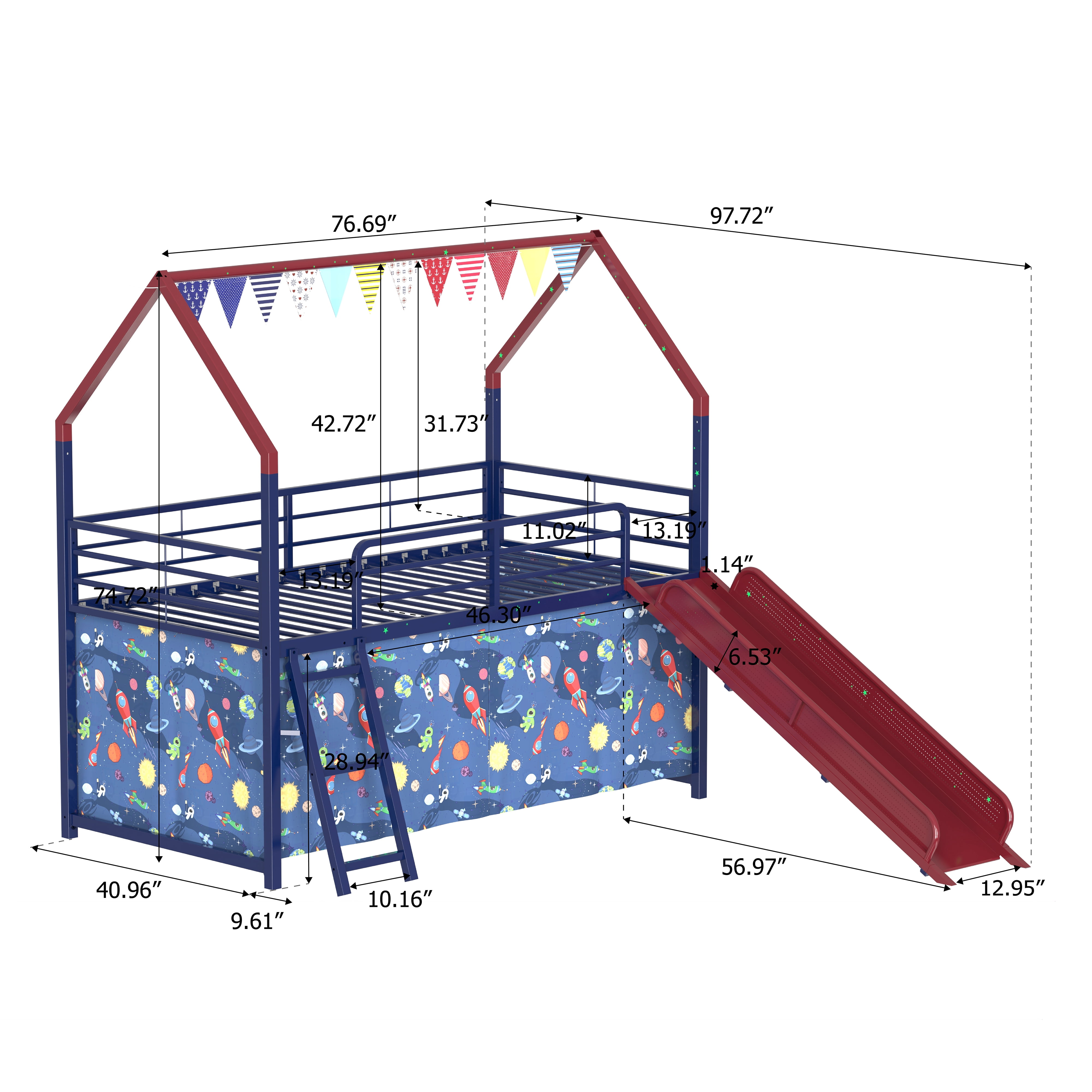 Miniyam Kids Twin Loft Bed with Slide and Curtain, House-Shaped Metal Frame Bunk with Guardrails, Ladder, Red
