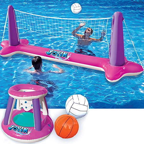 Inflatable Volleyball Net & Basketball Hoops Pink Pool Float Set; Balls