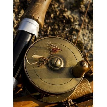Traditional Brass Fishing Reel Fitted to a Split-Cane Fly Rod with Trout Fishing Flies, UK Print Wall Art By John