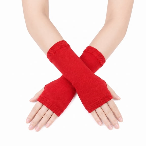 Unique Bargains 1 Pair Fingerless Gloves Solid Style Knit Gloves Red