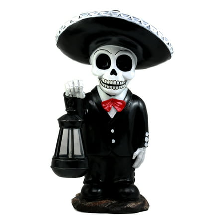 Ebros Gift Day Of The Dead Skeleton Mariachi Band Singer Statue With Solar Powered Lantern LED Light Patio Decor