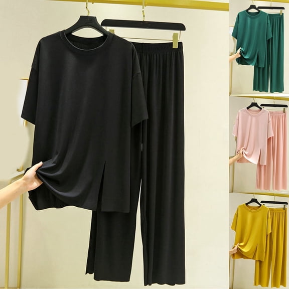 Summer Plus Size Casual Fshion Two Piece Sets For Women Casual Solid Color Short-sleeved Round Teck Top And Trousers