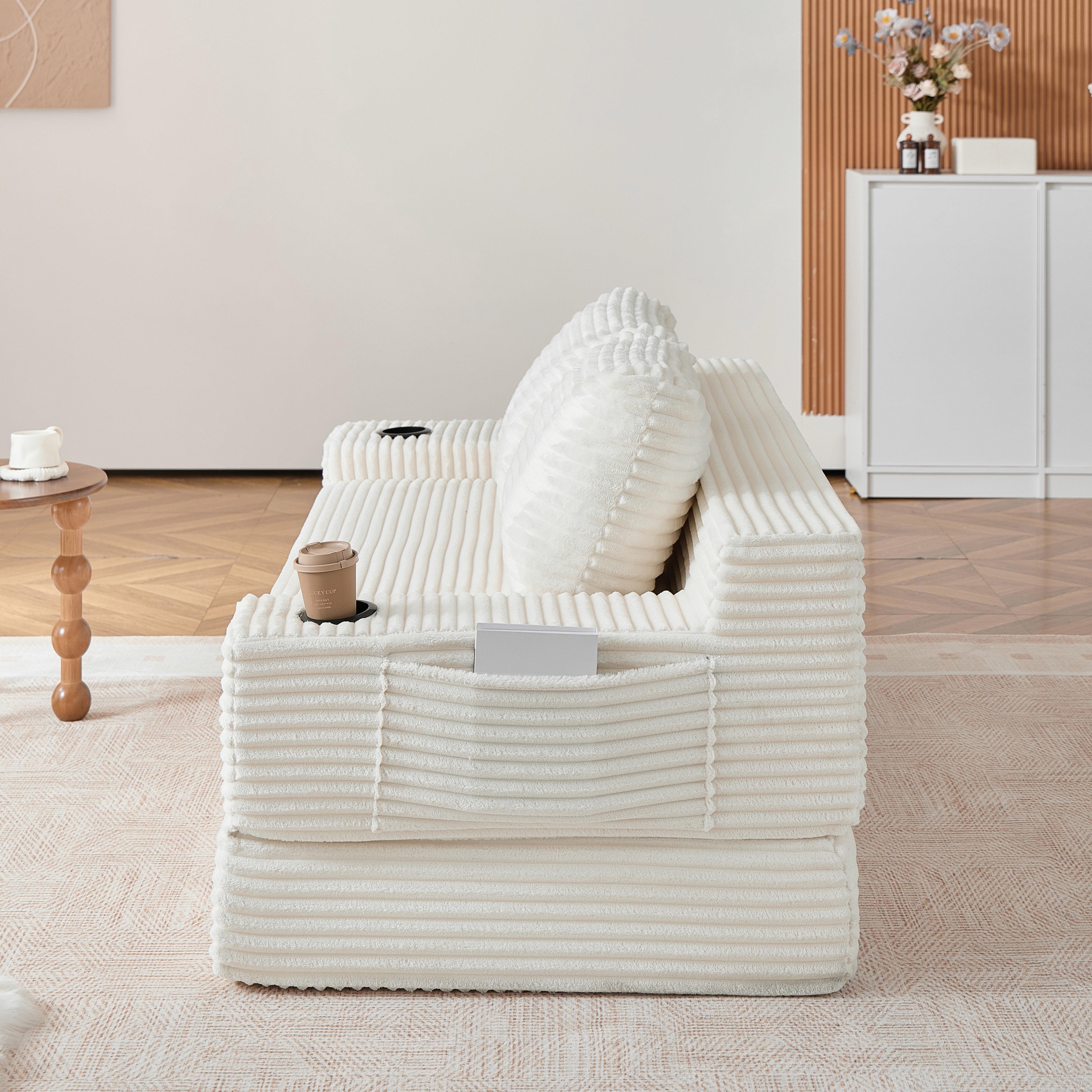Leumius Futon Sofa Bed,Convertible Corduroy Boneless Couch with Cup Holders & Pocket,2-in-1 Foldable Sleeper Sofa for Living Room, Small Spaces, Bedroom, No Assembly,Beige