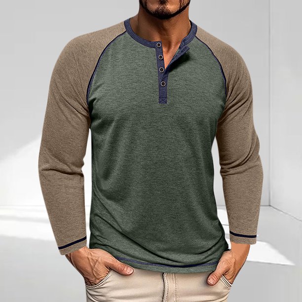 Blusas y camisas de manga larga con cuello redondo para hombre, informales, de manga larga, cuello redondo, medio botón, a cuadros, con bolsillos y bloques de color, blusas de poliéster para hombre