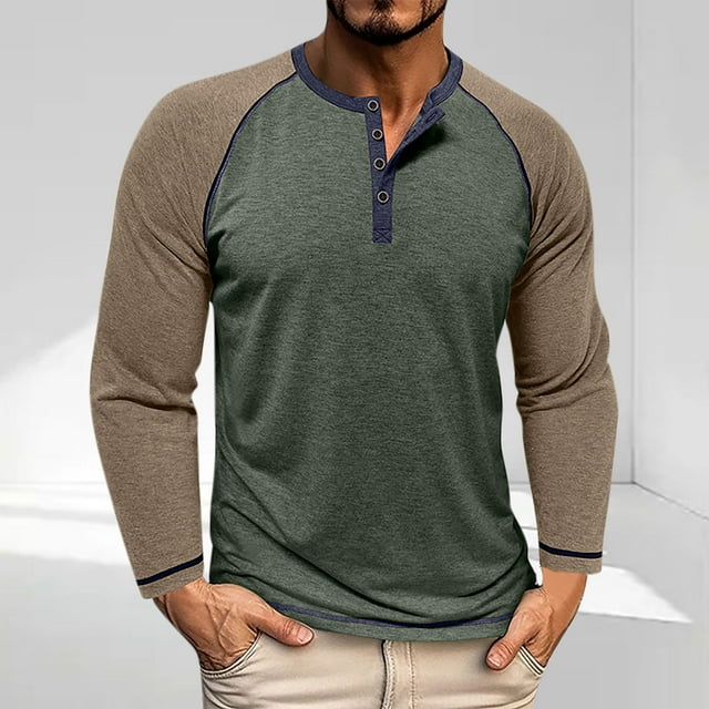 Blusas y camisas de manga larga con cuello redondo para hombre, informales, de manga larga, cuello redondo, medio botón, a cuadros, con bolsillos y bloques de color, blusas de poliéster para hombre