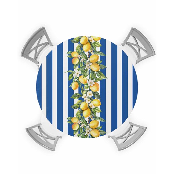 nqOlkjepod Blue Stripes Lemon Round Tablecloth, Fitted Table Cover with Elastic for 36"-44" Round Tables, Spring Fruit Flowers Leaves Line Table Cloth Outdoor Dinning Party Waterproof Tablecloths