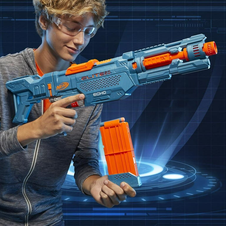 NERF Elite 2.0 Echo CS-10 Blaster - 24 dardos oficiales, clip de 10 dardos,  culata removible y extensión de cañón, 5 rieles tácticos