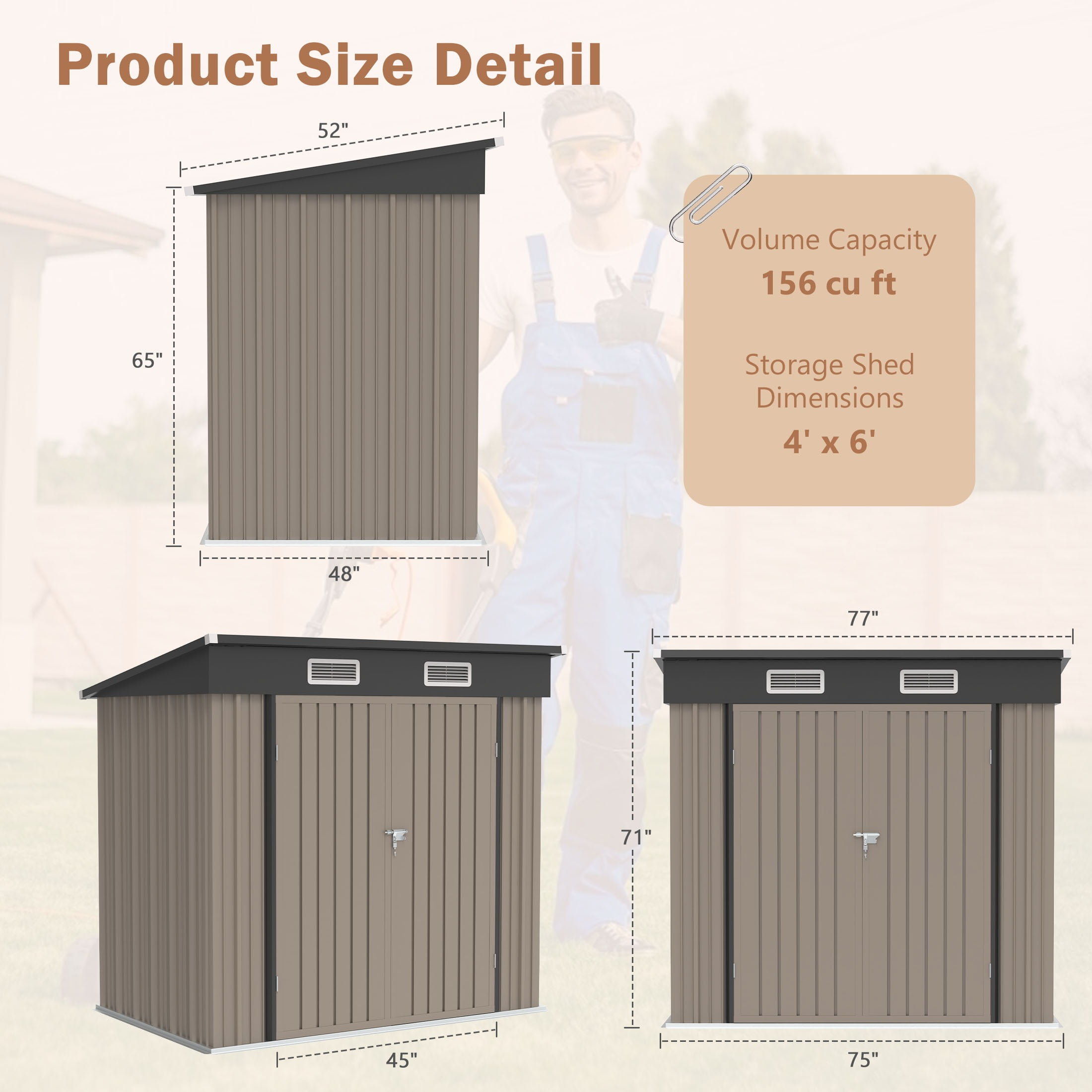 Segmart Outdoor Storage Shed, 6x4 FT Galvanized Steel Metal Bike Shed with Lockable Door, Waterproof Outdoor Garden Storage Tools Shed with Apex Roof, for Garden, Backyard, Brown
