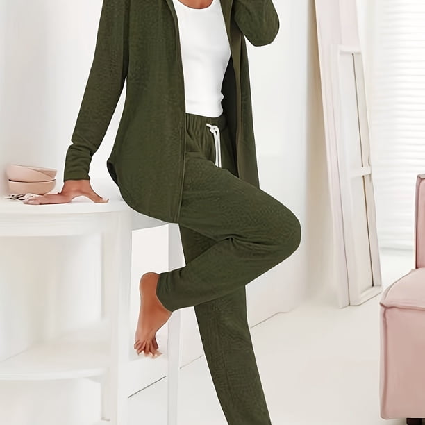 Plus Size Conjunto De Ropa Casual, Chaqueta Con Capucha Y Cremallera De Manga Larga Sólida Para Mujer Y Pantalones Con Cordón Conjunto De Dos Piezas