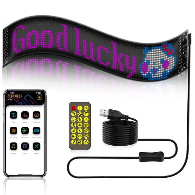 Mistaha Smart Bluetooth Car LED Flexible Display Screen with Customizable Images and Remote Control - Full Color Soft Screen IP65 Waterproof, Bendable, APP Controlled, 16*96 (120*595mm)