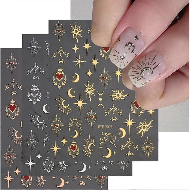 3 PCS 3D Nail Stickers for Nail Art, Rose Gold Stickers Sun Moon Star Nail Decals Self-Adhesive Heart Nail Art Supplies for Women's Nail DIY Decoratio