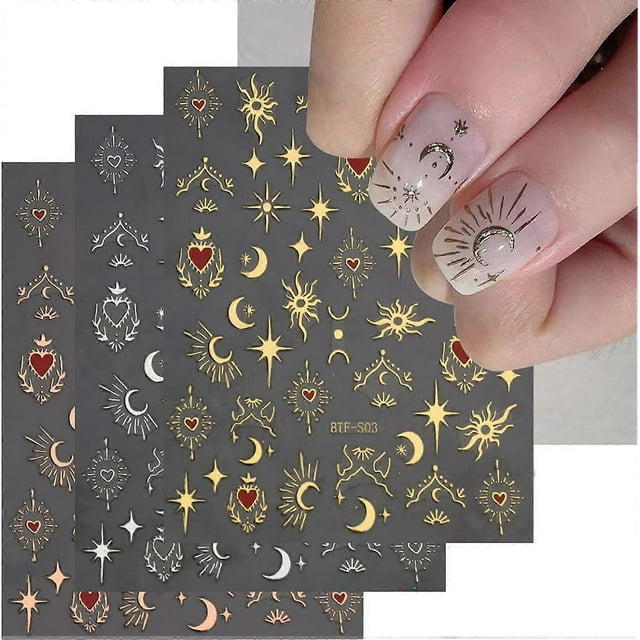 3 PCS 3D Nail Stickers for Nail Art, Rose Gold Stickers Sun Moon Star Nail Decals Self-Adhesive Heart Nail Art Supplies for Women's Nail DIY Decoratio