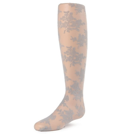 Floral Design Tights - MeMoi Fancy Floral Tights | Childrens Sheer Tights by MeMoi 2-4 / Silver MK 804