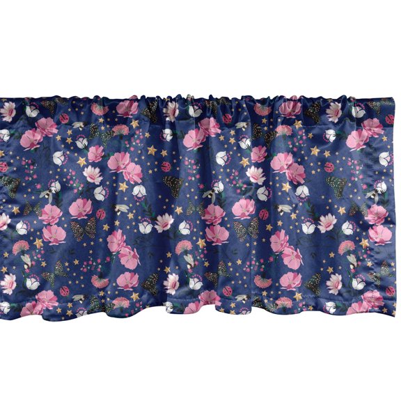 Ambesonne Ladybug Valance Pack of 2, Retro Art Blooming Flowers, 54"X18", Dark Lavender and Pink