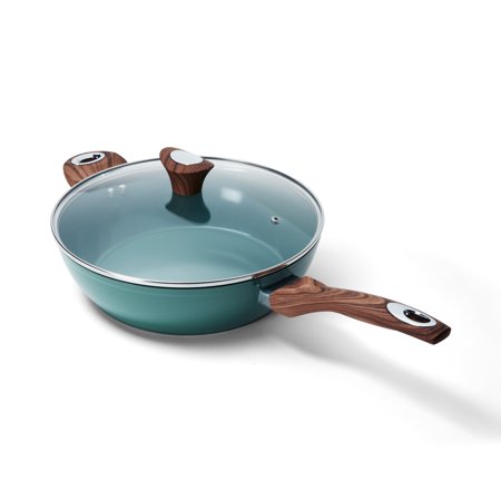 Phantom Chef 11 inch Deep Fry Pan With Lid - Wood Handle and Aluminum Body - Green