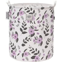Sea Team 19.7 x 15.7 Inches Large Sized Folding Cylindric Canvas Fabric Laundry Hamper Storage Basket with Floral Pattern, Purple & Grey