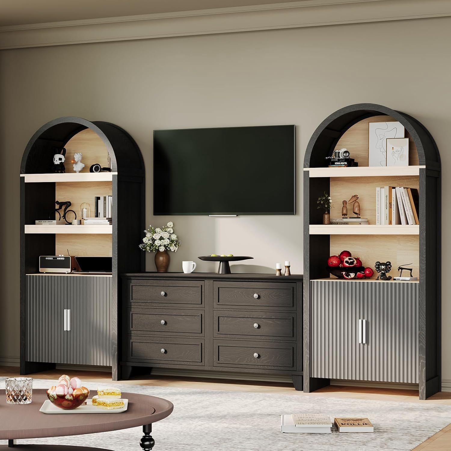 TROPOW 71" Tall Bookshelf Arched Cabinet with Storage, Mid-Century Bookcase Modern Wooden Kitchen Pantry Display Storage Cabinet with Open Adjustable Shelves for Living Room Home Office