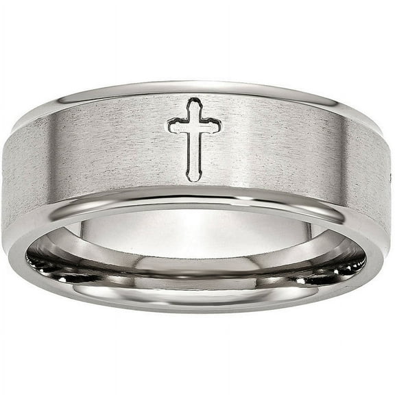 Stainless Steel Ridged Edge Cross 8mm Brushed and Polished Band, Available in Multiple Sizes