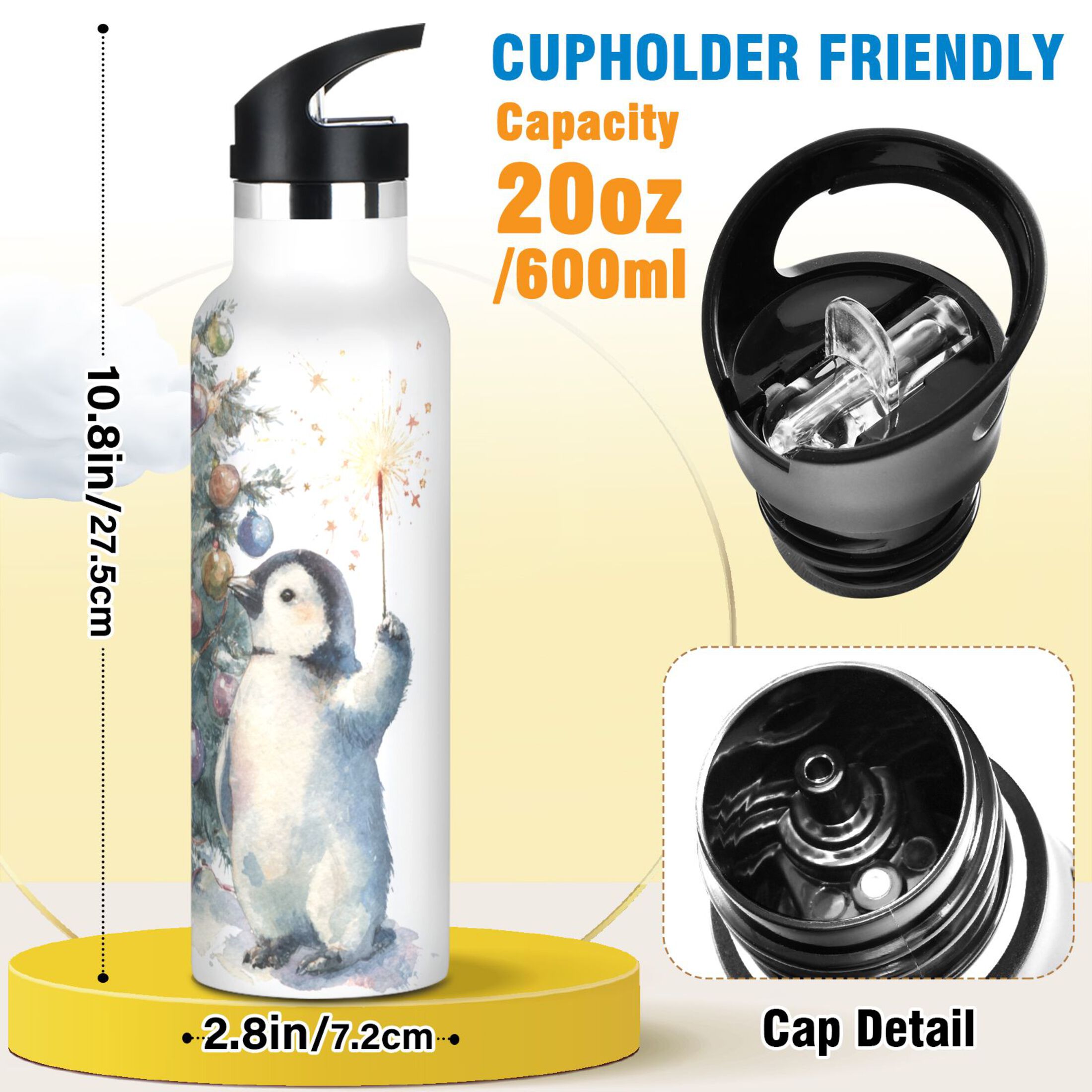 600ML Stainless Steel Insulated Cup Sports Water Bottle Portable Thermos Cup Water Glasses Insulated Tumblers Convenient and Durable Cartoon Christmas Penguins