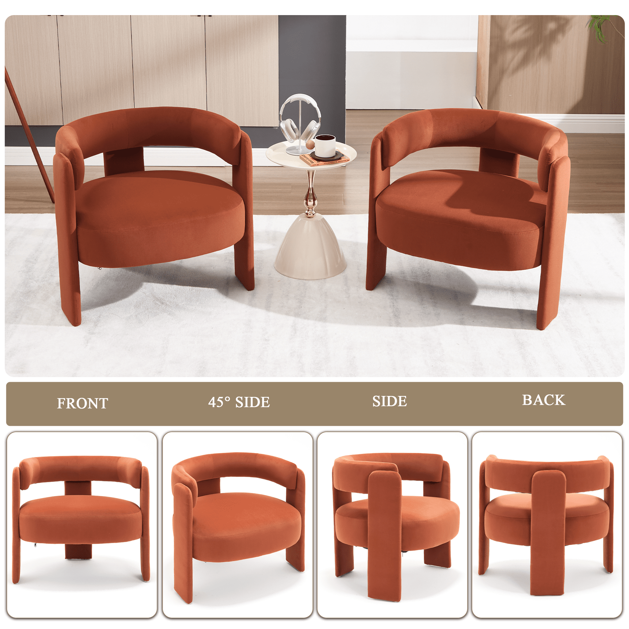 Aukfa Modern Velvet Barrel Accent Chair with 8.66" Thick Seat Cushion, Upholstered Armchair with 300 lb Weight Capacity for Living Room,Orange