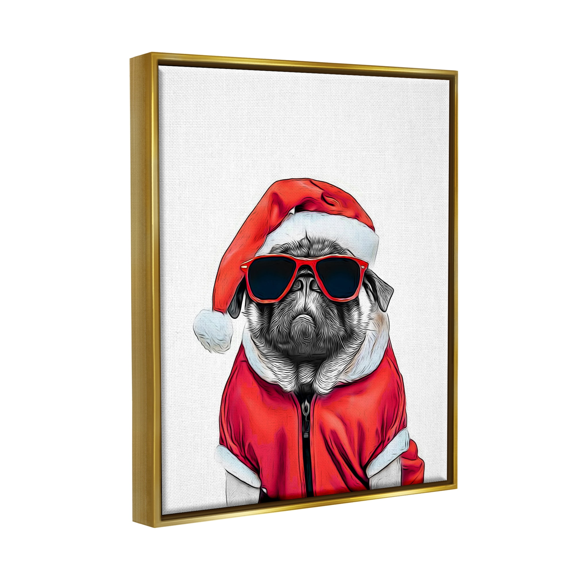 Stupell Industries Funny Pug Santa Hat Holiday Painting Gold Floater Framed Canvas Art Print Wall Art, 17 x 21