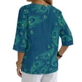 thumbnail image 2 of Xoenoiee Peacock Feathers Print Womens Tops Dressy 3/4 Length Sleeve Henley V Neck Button Down Shirts Pleated Gauze Blouses Plus Size, XL, 2 of 7