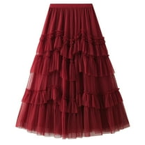 SWSMCLT Women's Long Tulle Skirt Spring Casual High Waisted Pleated Overlay Swing A Line Frilly Ruffle Hem Layered Tiered Tutu Skirt Soft Chiffon Mesh Summer Burgundy One Size