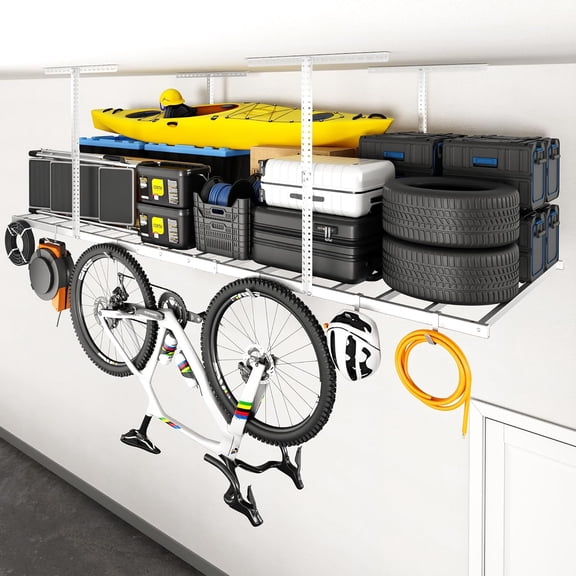 4x8 Overhead Garage Storage Rack with 6 Hooks, Adjustable Storage Organization System, Heavy-Duty Metal Ceiling Racks, 22.6" -39.4" Ceiling Dropdown, Lite Series