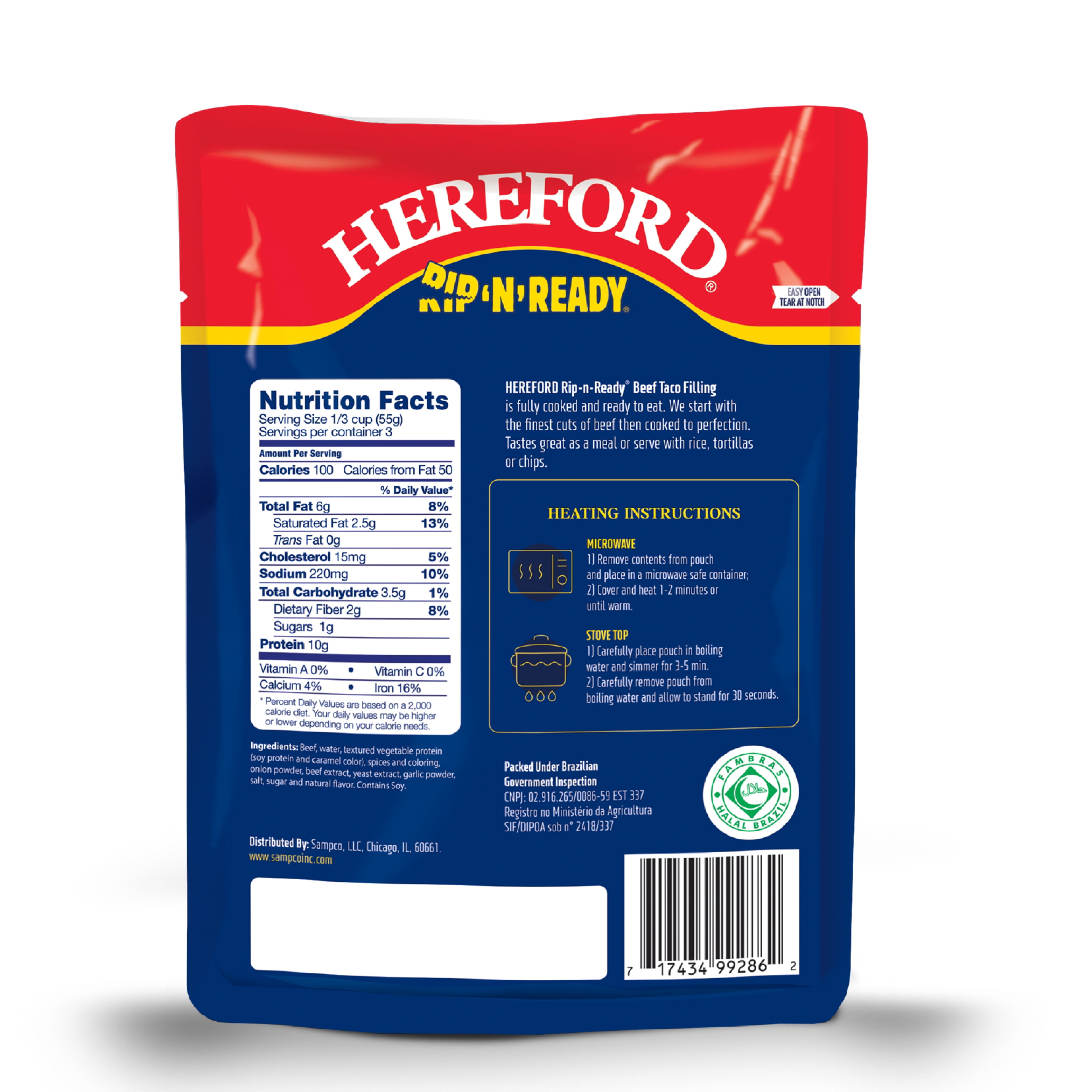 (4 pack) Hereford Fully Cooked Beef Taco Filling, Shelf Stable Pouch, 6 oz