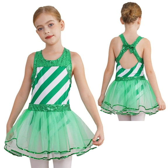 TiaoBug Kids Girls Candy Cane Striped Ballet Dance Leotard Figure Ice Skating Christmas Dress Green 4