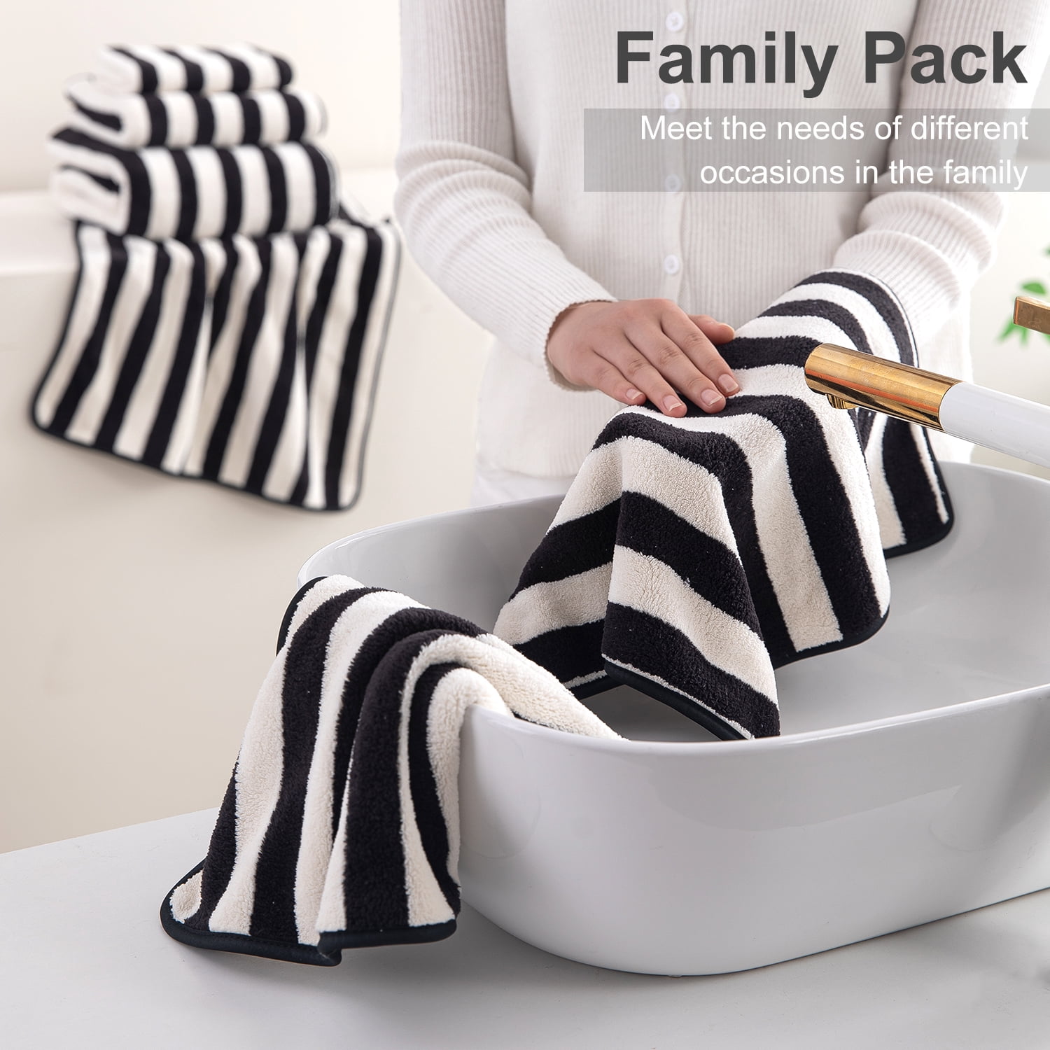 Smuge 12 Pcs Stripe Family Bath Towels Set - 4 Bath Sheet Towels, 4 Hand Towels, 4 Washcloths, Microfiber Soft Shower Towel for Bathroom Gym Spa(Black)