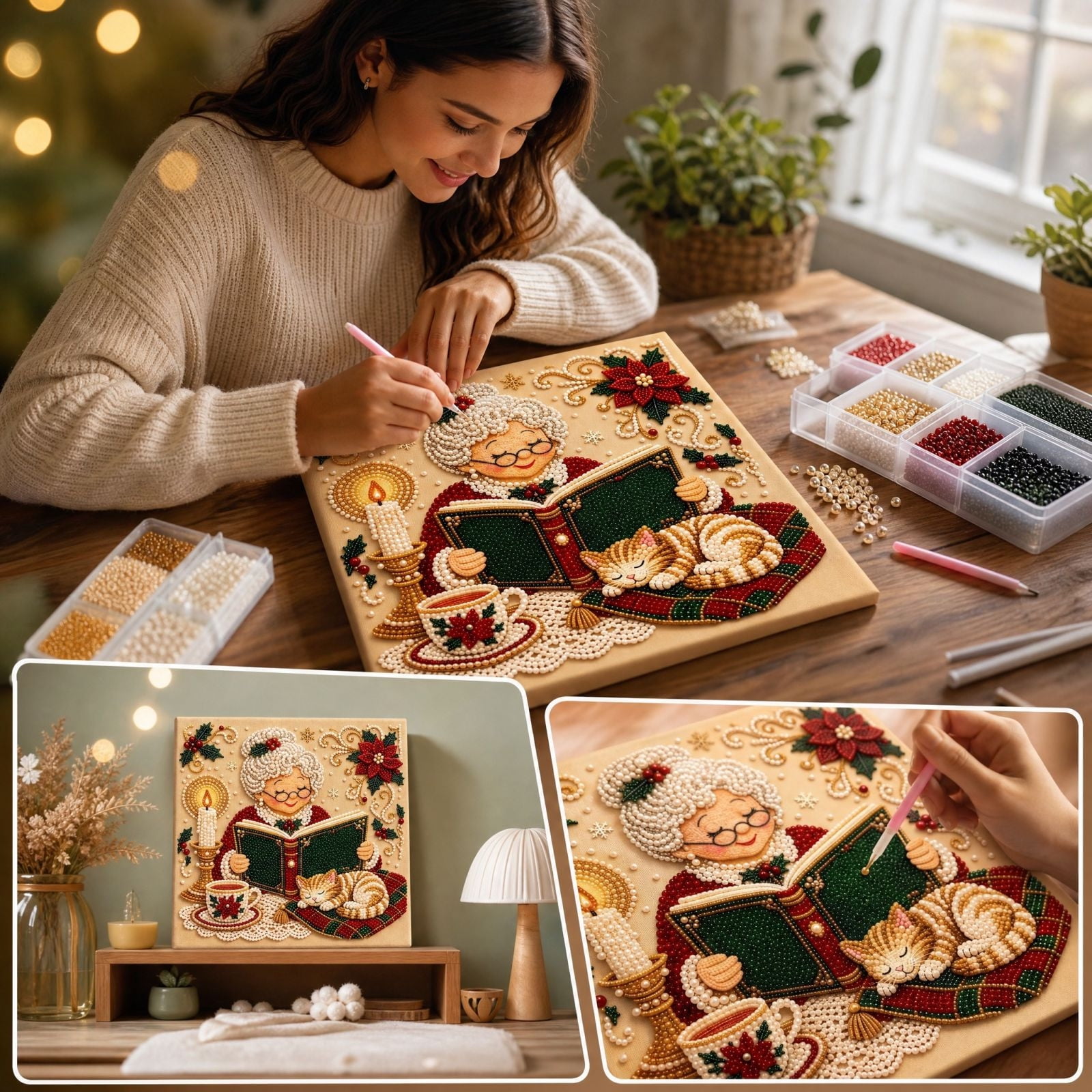 Christmas Diamond Pearl Art Kits for Adults DIY Bead Dot Painting Craft Set Vintage Grandma Christmas Theme Complete Tool Kit for Home Wall Decor Holiday Gift Living Room Bedroom Indoor Decoration