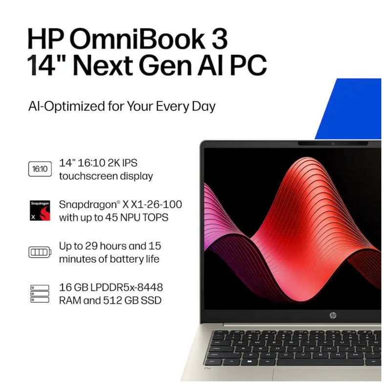 HP OmniBook 3 14 Copilot+ PC Laptop Snapdragon X X1-26-100 16GB 512GB SSD 14" 2K Touch Windows 11 Home Warm Gold 14-HZ0025DX