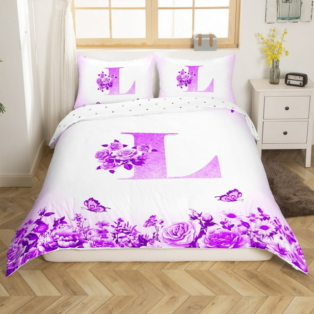 Erosebridal Housse de Couette Lettre Initiale Simple, Literie Personnalisée Monogrammée Taille Simple, Déco Florale, Réversible, Respirante, 2 Pcs (Sans Couette)