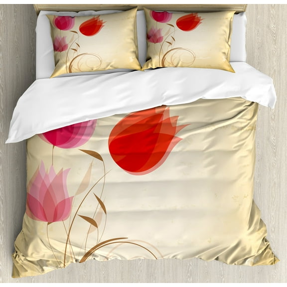 Floral Duvet Cover Set, Tulips Flourishing Florets Essence Nature Beauty Themed Flower Design, Decorative 3 Piece Bedding Set with 2 Pillow Shams, Queen Size, Sand Brown Red Pink, by Ambesonne