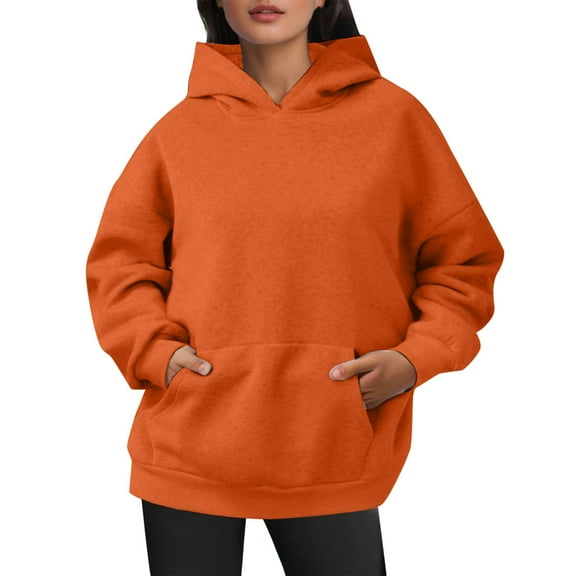 PMVFHDE Women's Plus Size Pocket Pullover Hoodie, Solid Color Casual Long Sleeve Comfort Sweatshirt for Fall Orange，S