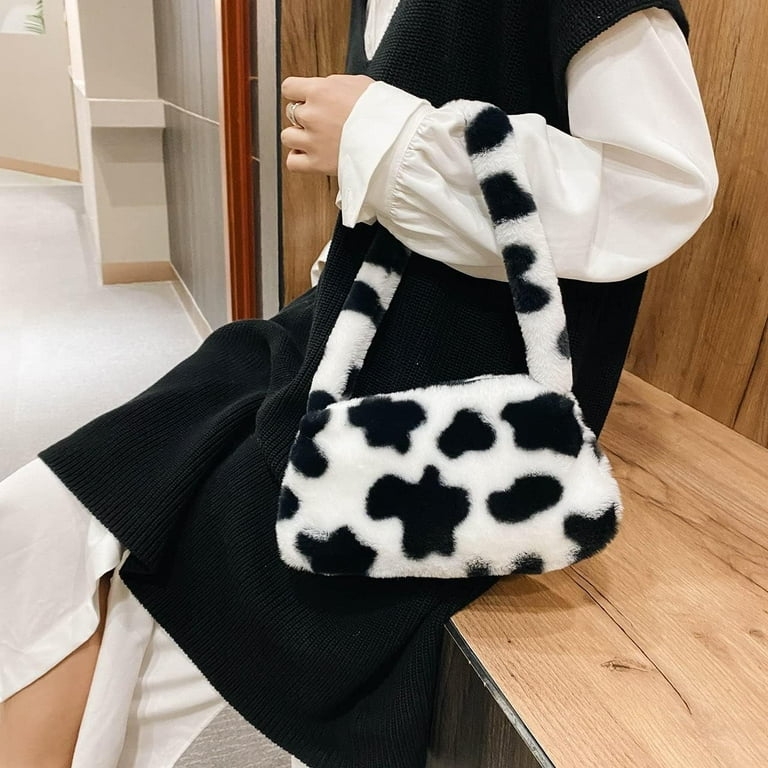 Cow print fluffy shoulder bag sale